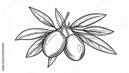 Detailed olive branch with leaves and fruit line art.