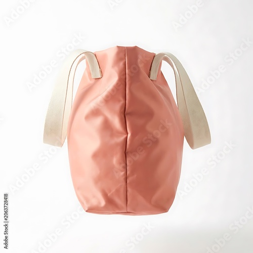 Pink leather drawstring bag with white straps on white background