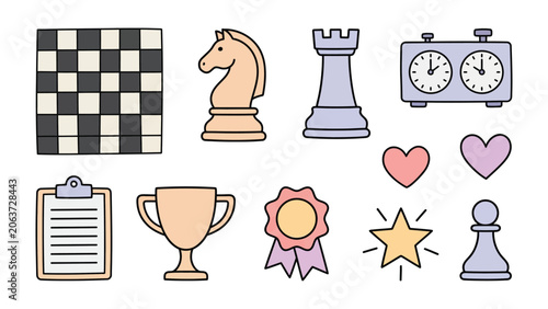 Foto Chess Game Icons: A collection of stylized icons representing elements of chess, including a chessboard, pieces, a timer, a trophy, and other symbols of strategy and competition