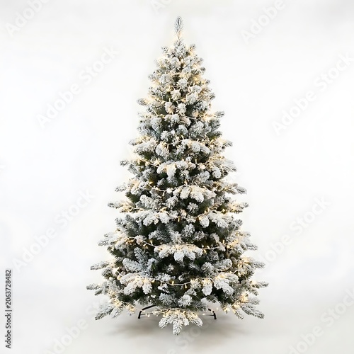 Snowy christmas tree with lights on white background