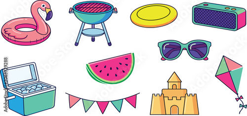 Summer beach party and barbecue sticker set featuring flamingo float grill cooler and speaker