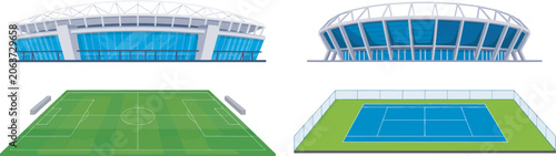Fotografie Set of stadium facades with soccer field and tennis court isolated vector collec