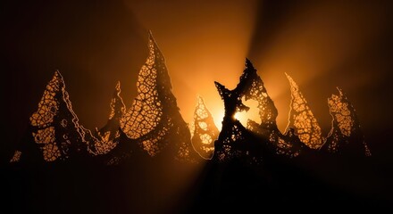 Glowing light behind jagged skeletal leaf silhouettes in dark atmosphere