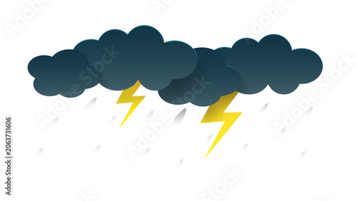 Paper cut style dark storm clouds with rain and lightning bolts