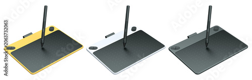 Schilderij op canvas Set of stylus graphic tablets shown in top and angled view, isolated on white ba
