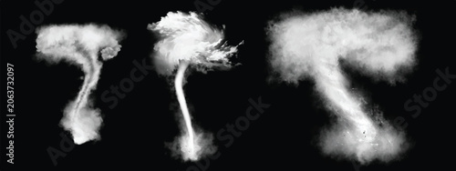 Flowing smoke. Set of tornado isolated on black background	