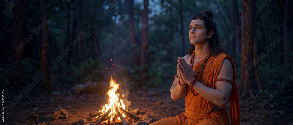 Fototapeta premium Hindu Lord Rama Meditating Beside Campfire In Forest Hermitage From Ramayana generative ai