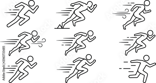 Fotografie Running Man Icon Set for Sports Athlete Speed and Fitness Vector Line Designs