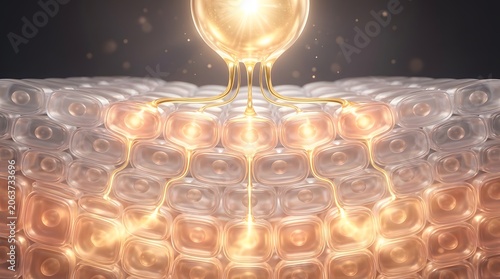 3d illustration of skin cells with a glowing serum or active ingredient being absorbed into the epidermis