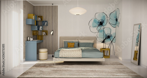 Cuadro en lienzo Modern bedroom interior design with double bed, contemporary teal floral wall mural, blue study desk vanity, and elegant decor, 3D architecture render