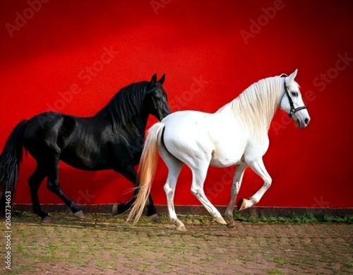 aedthetic fashion photography of a black and a white horse in front of a red wall in an aesthetic composition