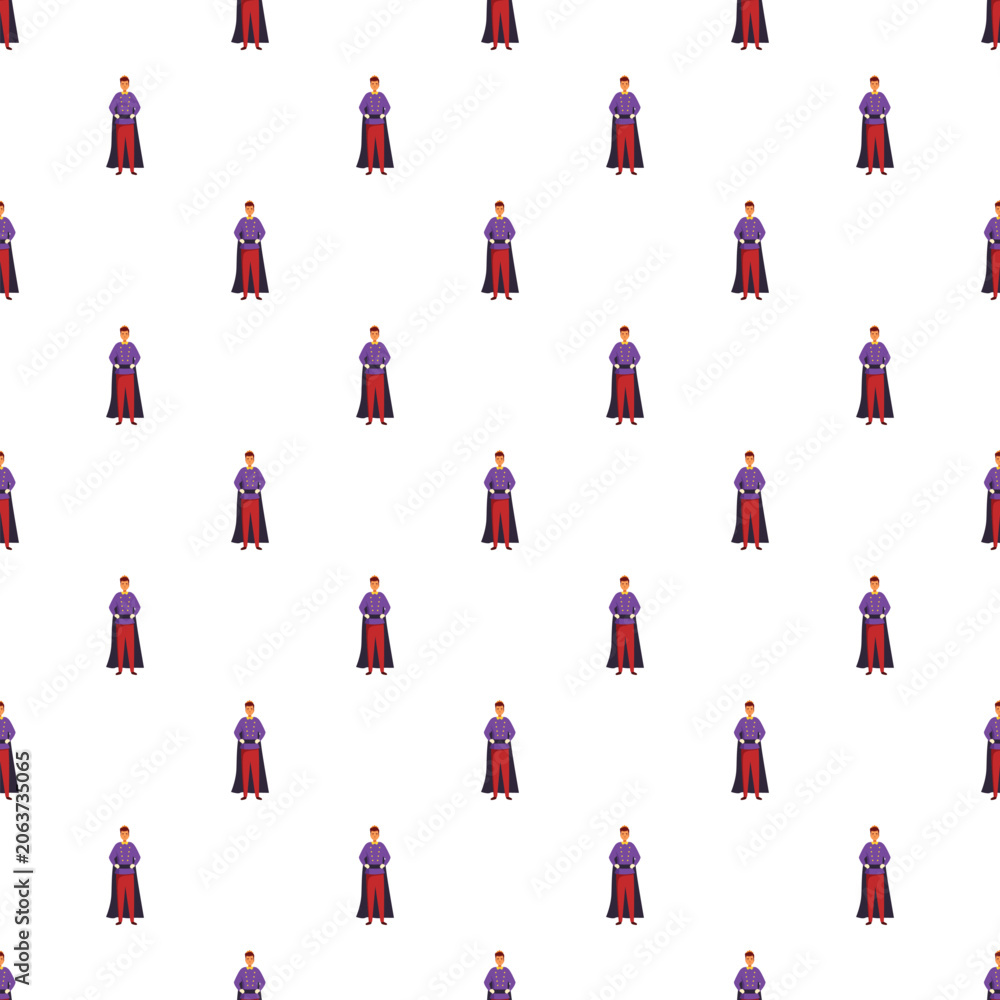 Naklejka premium Cartoon prince standing in regal purple suit and red cape creating a repeating pattern
