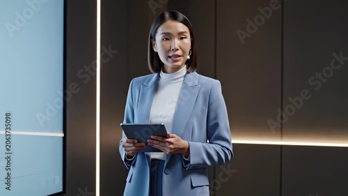 Young East Asian executive in powder blue suit presents strategic insights from a digital tablet and headset, marking business women's day in a sleek conference room with illuminated wall accents
