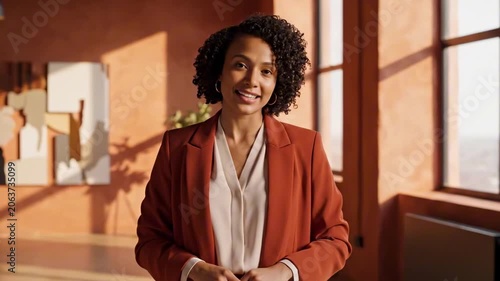Assured Black businesswoman in rust blazer speaks during a leadership presentation, celebrating business women's day in a sunlit creative office with bold architectural shadows and calm authority