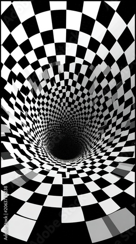Abstract black and white checkered tunnel optical illusion