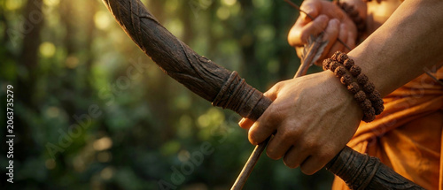 Sacred Bow Of Lord Rama With Arrow Ready In Forest From Ramayana generative ai