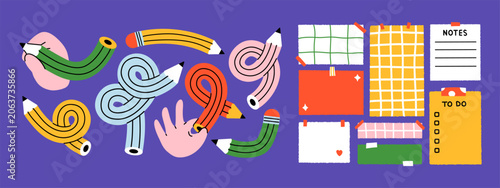 Quadro su tela Vector banner with curved twisted pencil illustration and cute memo board collection