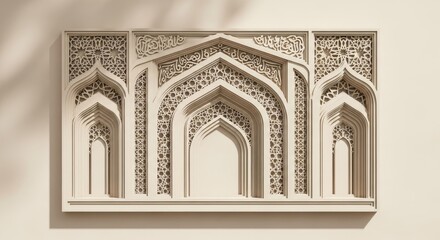 Modern Islamic wall relief with arched patterns and Arabic calligraphy