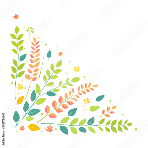 Colorful flat design leaves and flowers corner illustration