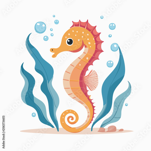 Cute Cartoon Seahorse with Bubbles and Seaweed