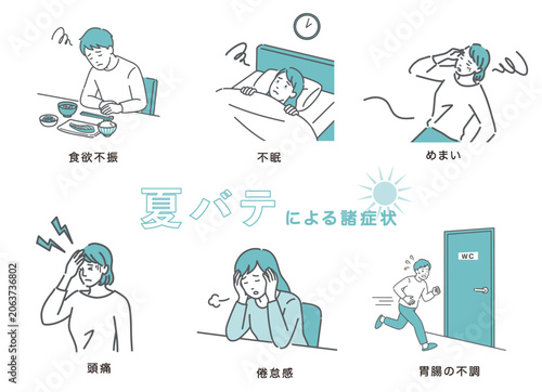 夏バテによる諸症状のセットイラスト