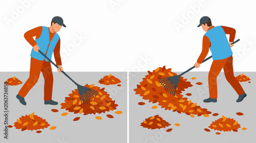 Illustration of a person raking autumn leaves, fall yard cleanup