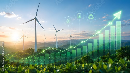 Renewable energy market trend showing rising green growth chart over wind farm and agricultural landscape highlighting sustainable business practices