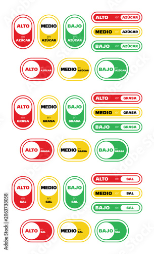 Vector set of mini food nutrition in Spanish showing high (alto), medium (medio), and low (bajo) levels of sugar (azucar), fat (grasa), and salt (sal) using red, yellow, green. Nutrition label concept