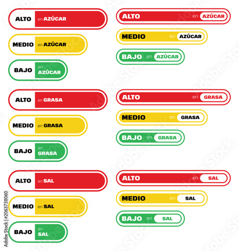 Vector set of Spanish traffic-light color food label indicating high (alto), medium (medio), and low (bajo) levels of sugar (azucar), fat (grasa), and salt (sal). Food nutrition labeling concept.