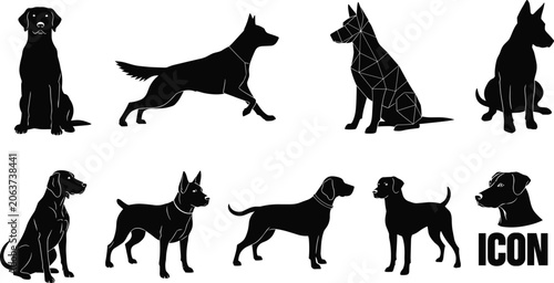Tableau sur toile Dog Silhouette Collection with Pet Breeds Standing Sitting Running and Geometric