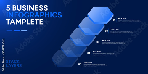 Modern 5 Steps Business Infographic Template with Isometric Stacked Hexagon Layers on Dark Blue Background