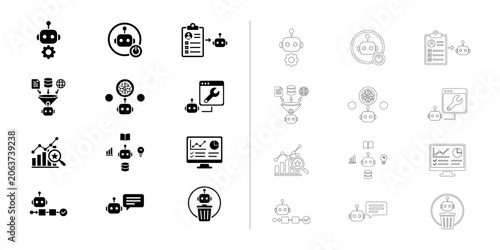 Enterprise AI Automation Workflow Icons Set - Solid and Outline Business Process Automation Vector Icons