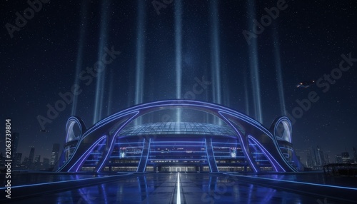 Futuristic sports arena glows under a starlit sky, showcasing modern architecture and vibrant energy