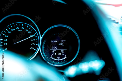 Obraz na plátně Closeup car fuel gauge dashboard panel