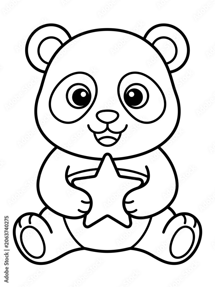 Fototapeta premium Cute panda bear, black and white illustration, cartoon character, star holding animal