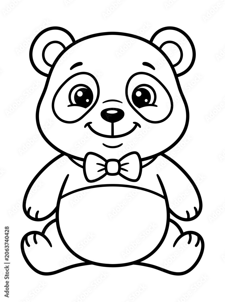 Obraz premium Cute panda bear, cartoon illustration, black and white, bow tie, vector graphics