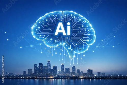 Generative AI Brain Over Smart City Skyline with Neural Network, Artificial Intelligence Innovation, Machine Learning, Big Data Analytics, Smart Infrastructure and Future Technology Concept