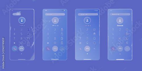 Smartphone call screen interfaces glassmorphism style blue gradient background