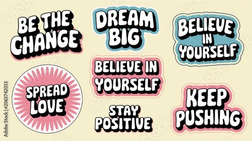 Colorful retro stickers with positive messages vector set