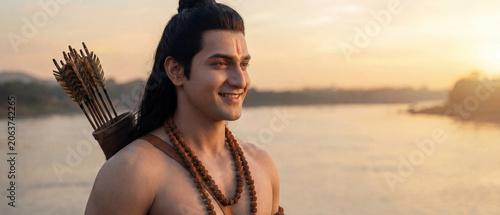 Lord Lakshmana With Quiver Of Arrows Near Riverside At Sunset generative ai