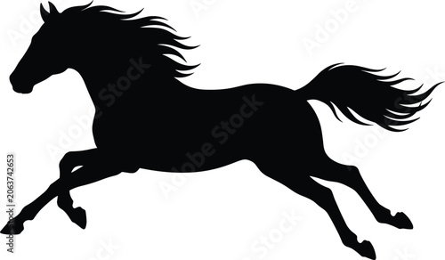 Quadro su tela Black silhouette of a horse galloping with flowing mane and tail on a white back