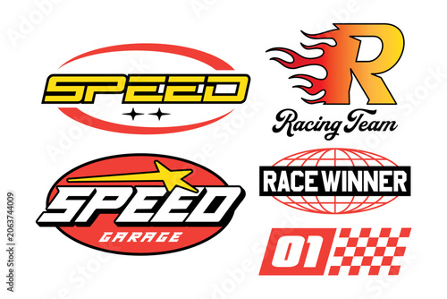 Obraz na plátně Streetwear auto racing logo and automotive badge with set y2k vector style featuring speed garage, racing team logos, checkered flags, flaming letters, and wireframe globes on white background