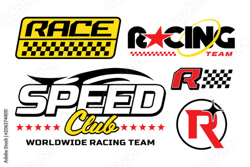 Streetwear auto racing logo and automotive badge with set y2k vector style featuring checkered patterns, stars, and bold typography. Includes speed club emblem, race team decals, and letter R motifs.