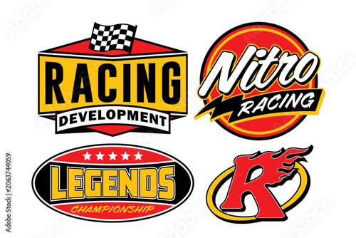 Streetwear auto racing logo and automotive badge with set y2k vector style featuring racing development with checkered flag, nitro racing with lightning bolt, legends championship with stars.
