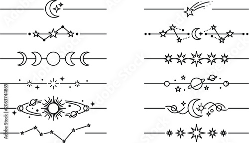 Set of celestial divider lines with esoteric astrology decorative borders. Mystical designs featuring crescent moons, stars, and sun shapes. Elegant ornamental vector elements with isolated objects.