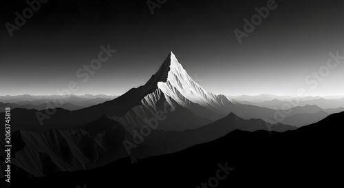 A giant majestic mountain peak stands tall with sharp jagged ridges and steep snowy slopes illuminated by soft moonlight in a dramatic high contrast black and white digital art style.