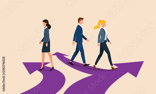Tableau sur toile Professional business people walking in different directions on purple arrows as