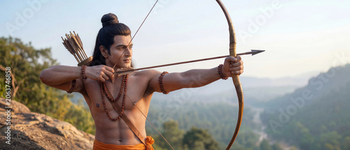Lord Rama Aiming Bow And Arrow In Forest During Exile From Ramayana generative ai