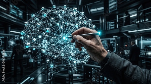 A hand interacts with a glowing blue network sphere in a dark futuristic laboratory setting with technology and people.