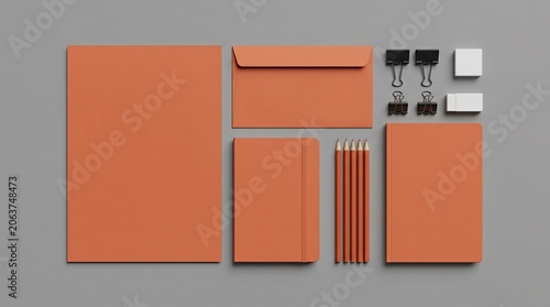 Stationery set with orange items on a gray background includes a folder, envelope, notebook, pencils, binder clips